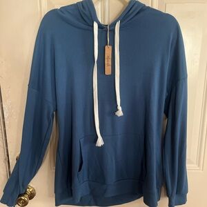Blue Hoodie with White Drawstrings